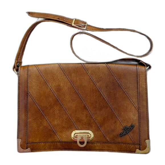 Vintage 70s Cognac & Gold "The Cambridge"Faux Leather Shoulder / Crossbody Bag - Picture 1 of 10